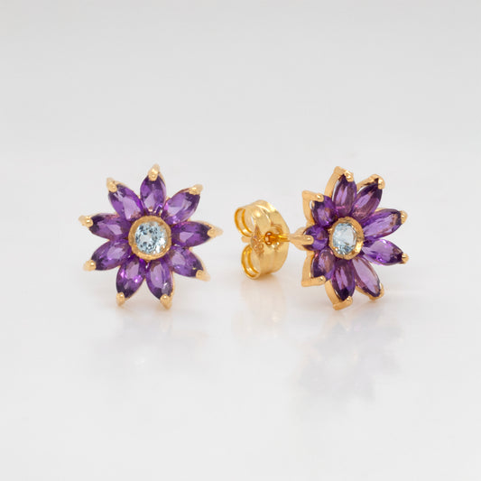 18K Yellow Gold Floral Amethyst Pushback Earrings