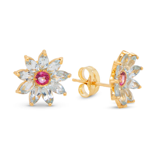 18k Yellow Gold Floral Pink and Sky Blue Topaz Pushback Earrings-1