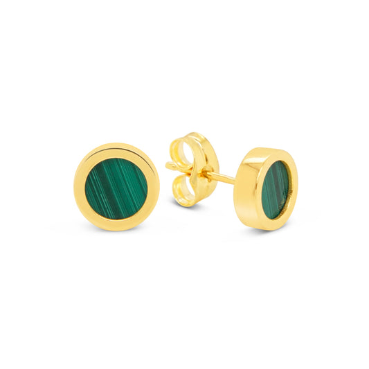 18K Yellow Gold Medium Round Malachite Earrings
