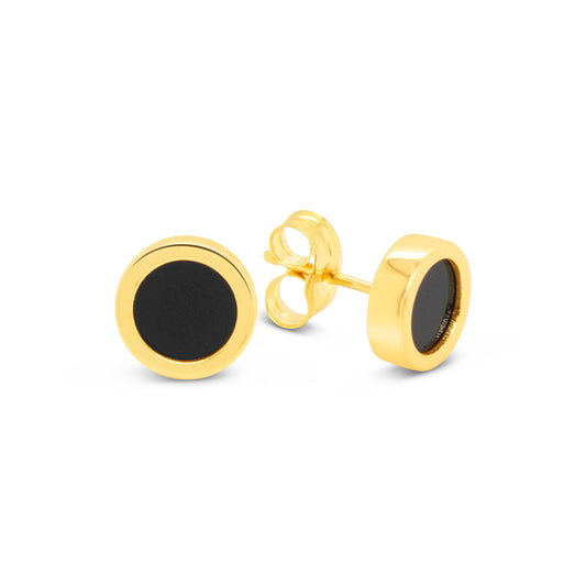 18K Yellow Gold Medium Round Onyx Earrings