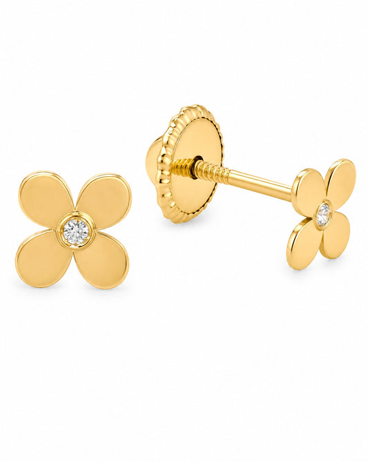 18K Yellow Gold CZ 4 Petals Flower Screwback Earrings