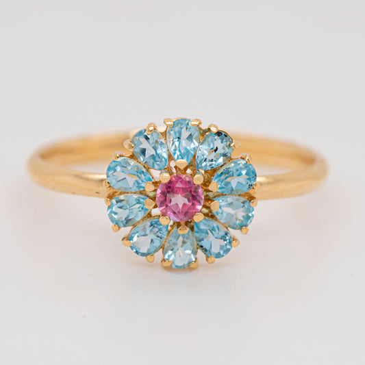 18K Yellow Gold Sky Blue and Pink Topaz Flower Ring