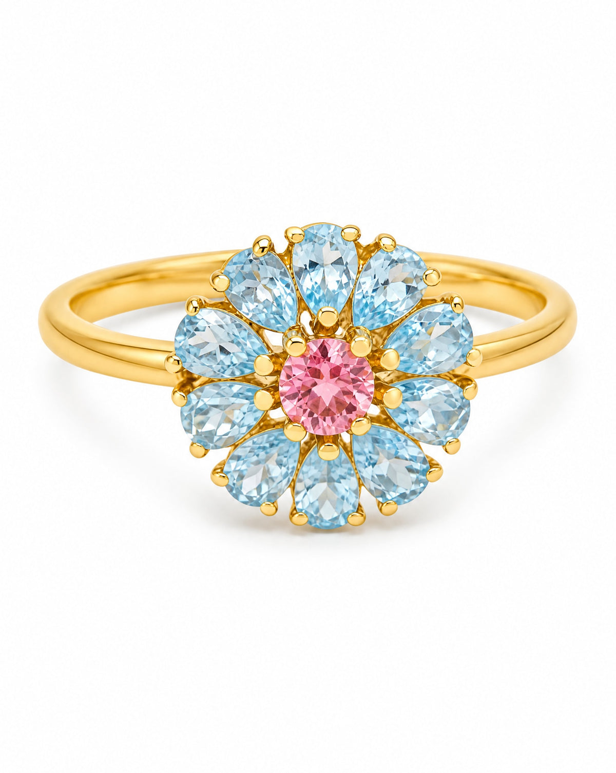18K Yellow Gold Sky Blue and Pink Topaz Flower Ring