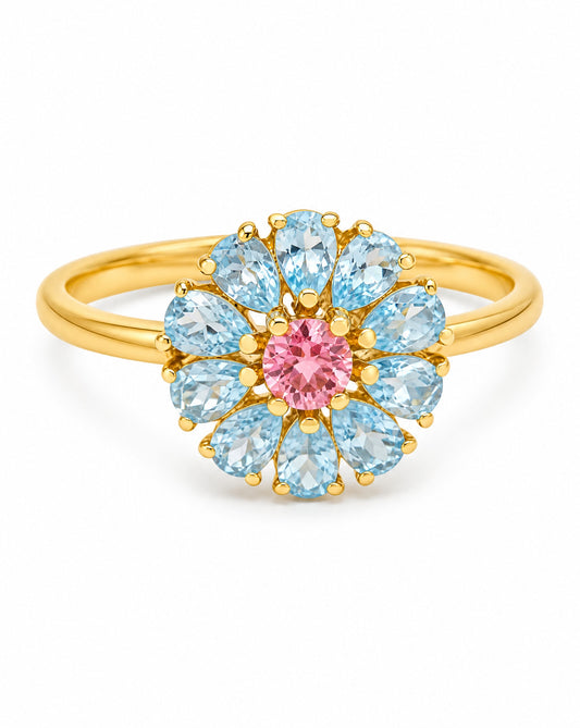18K Yellow Gold Sky Blue and Pink Topaz Flower Ring
