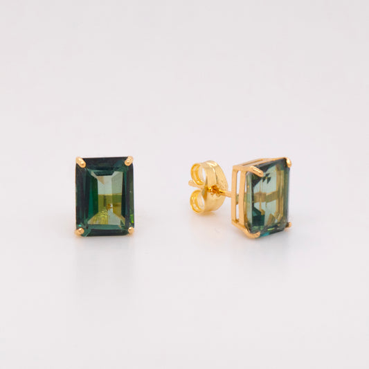 18K Yellow Gold Emerald-Cut Green Topaz Pushback Earrings