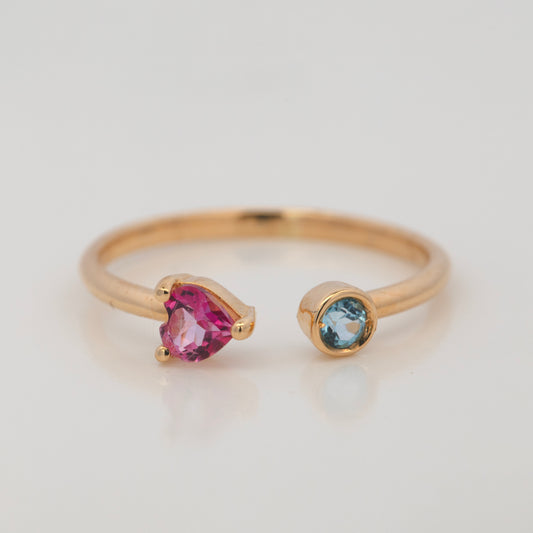 18K Yellow Gold Open Ring with Pink Heart and Sky Blue Topaz