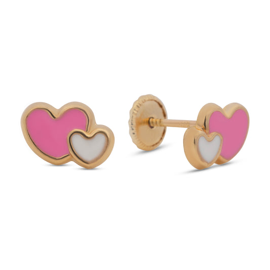 18K Yellow Gold Pink Double Hearts Enamel Screwback Earrings