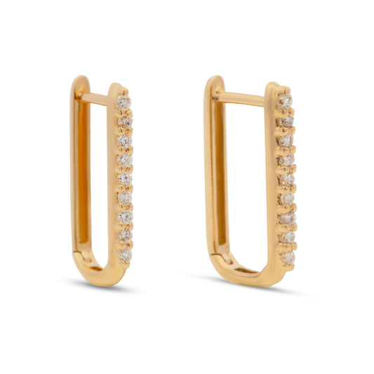 18K Yellow Gold Long Rectangle Diamond Huggie Earrings