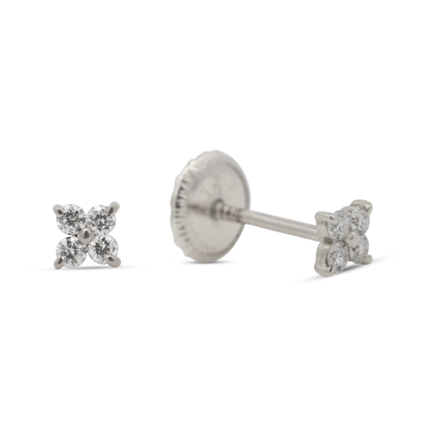 18K White Gold Small Flower Cluster Diamond Screwback Earrings