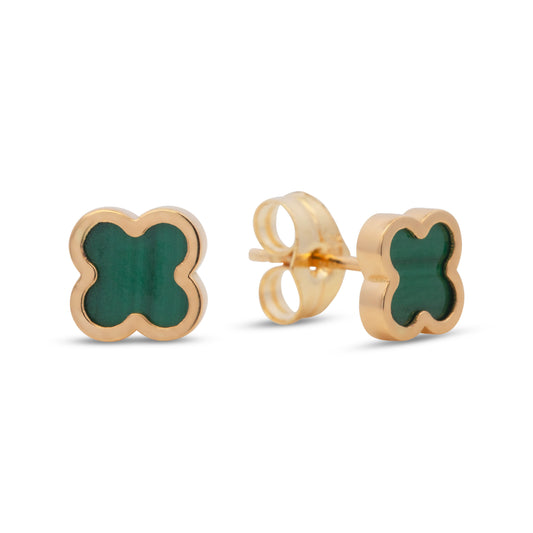 18K Yellow Gold Large Malachite Clover Earrings