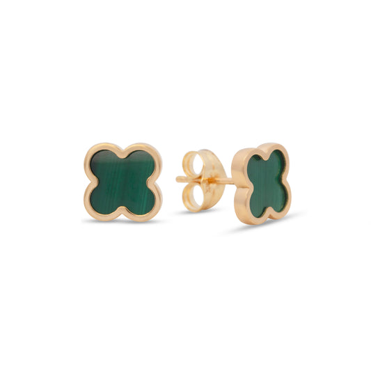 18K Yellow Gold Medium Malachite Clover Earrings