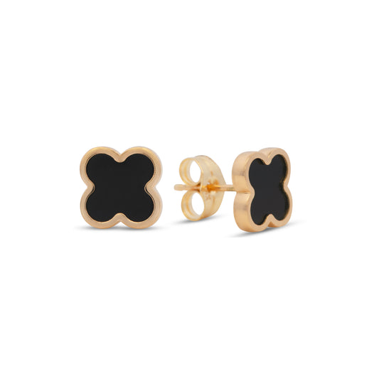 18K Yellow Gold Medium Onyx Clover Earrings