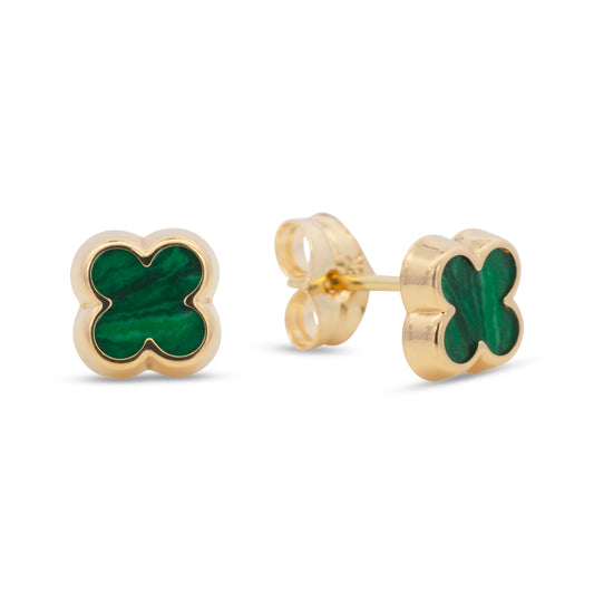 18K Yellow Gold Malachite Clover Stud Earrings
