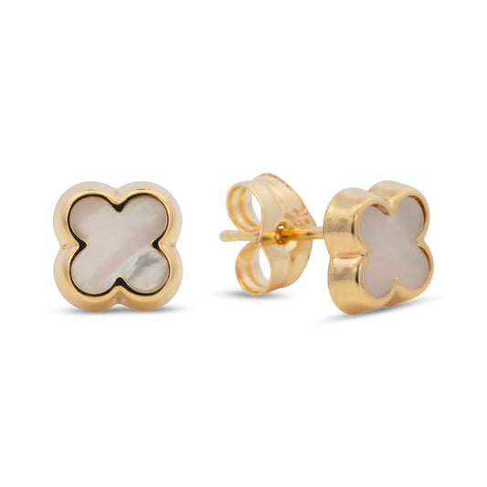 18K Yellow Gold Mother of Pearl Clover Earrings