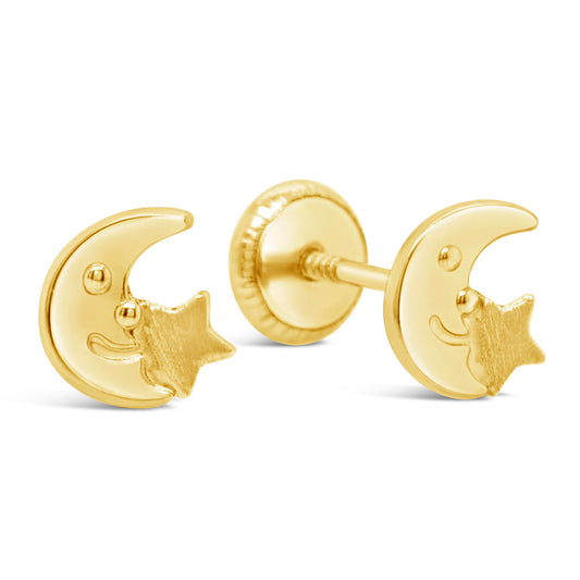 18K Yellow Gold Crescent Moon and Star Screwback Earring