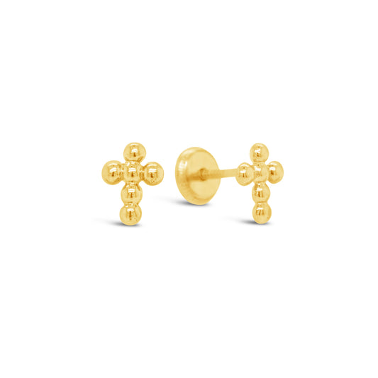 18K Yellow Gold Medium Beaded Cross Screwback Earring