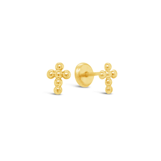 18K Yellow Gold Small Beaded Cross Screwback Earring