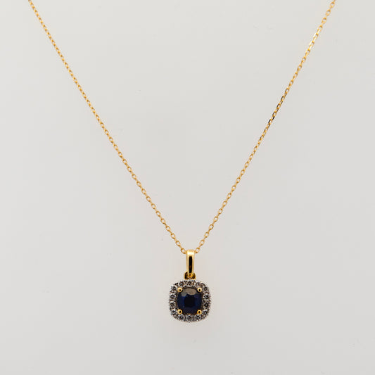 18K Yellow Gold Cushion Sapphire and Diamond Pendant Necklace