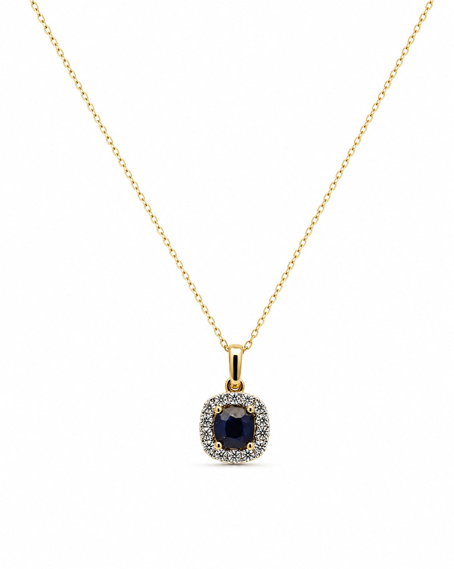 18K Yellow Gold Cushion Sapphire and Diamond Pendant Necklace