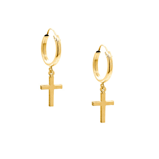 18K Yellow Gold Dangle Cross Huggie Earring