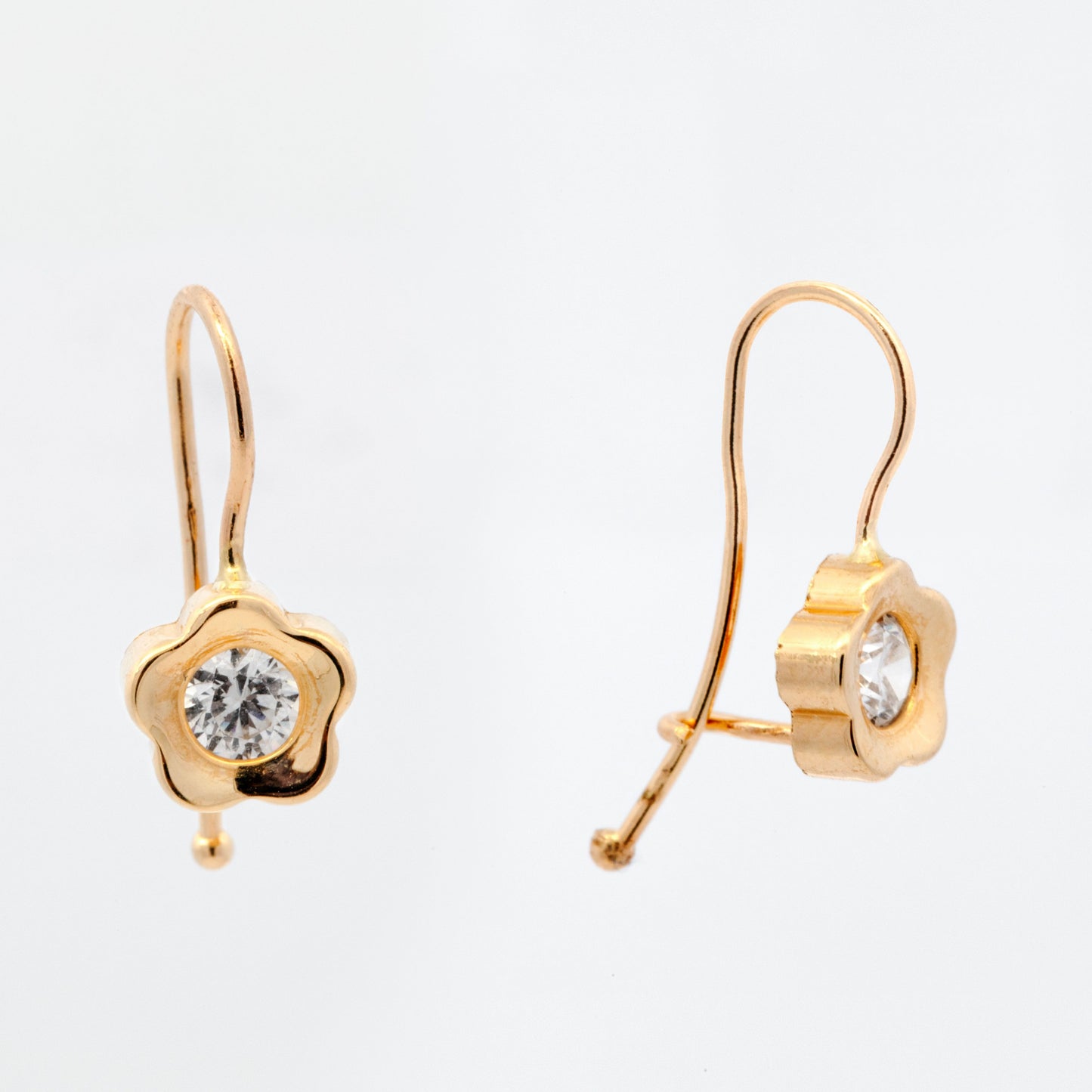 14K Yellow Gold Flower & CZ On Center Huggie Earrings