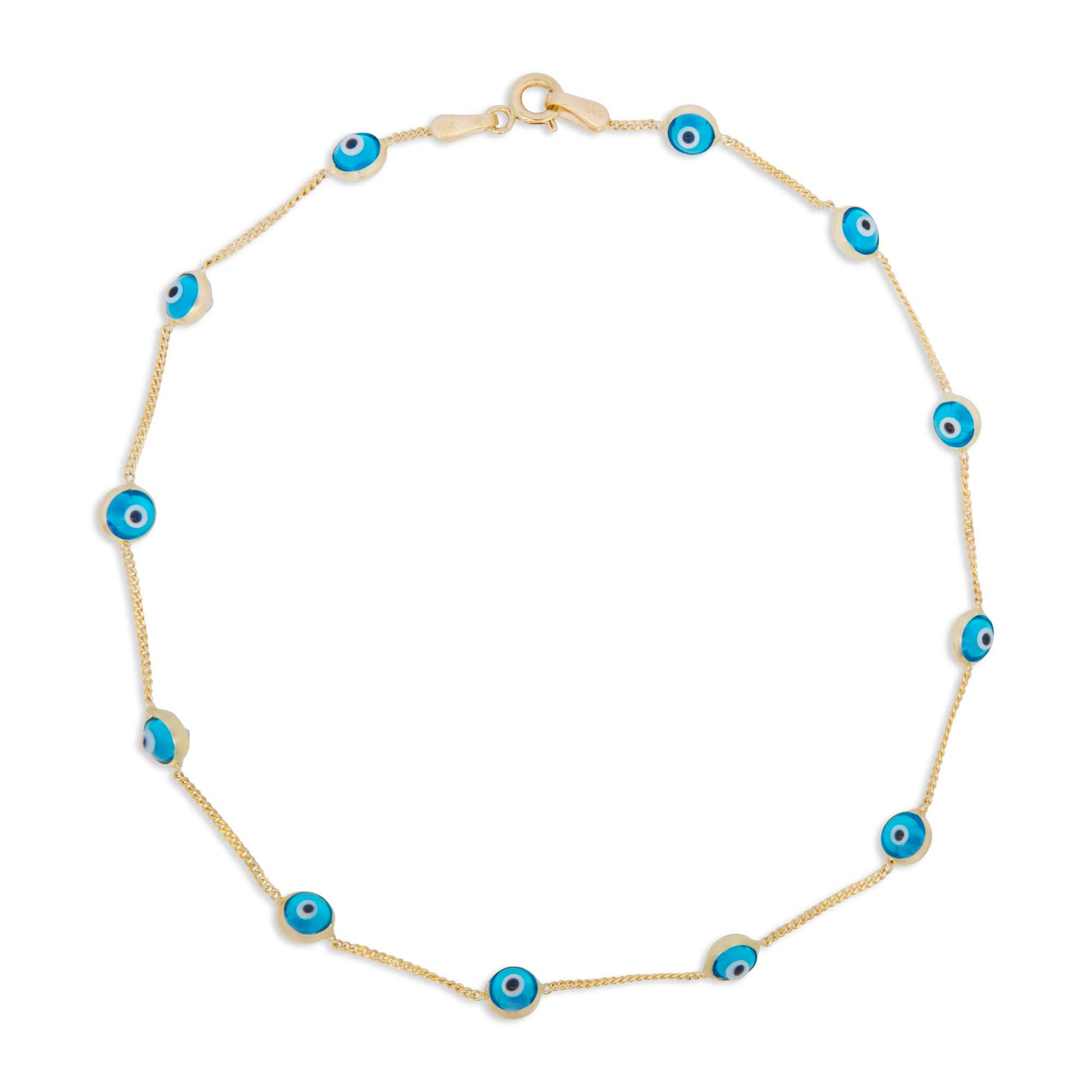 14K Yellow Gold Blue Evil Eye Station Anklet