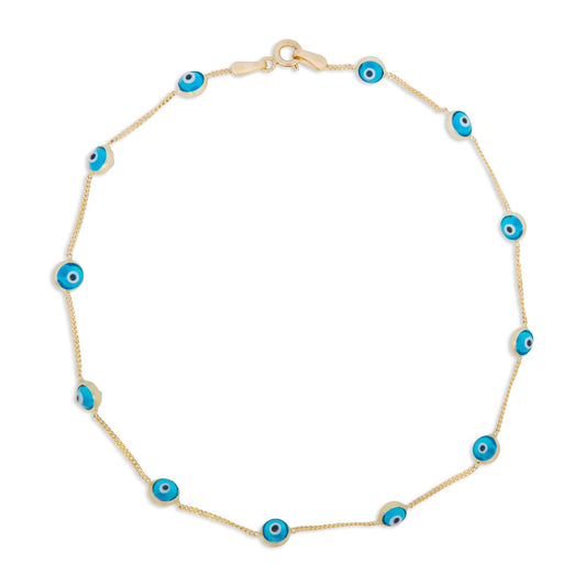 14K Yellow Gold Blue Evil Eye Station Anklet