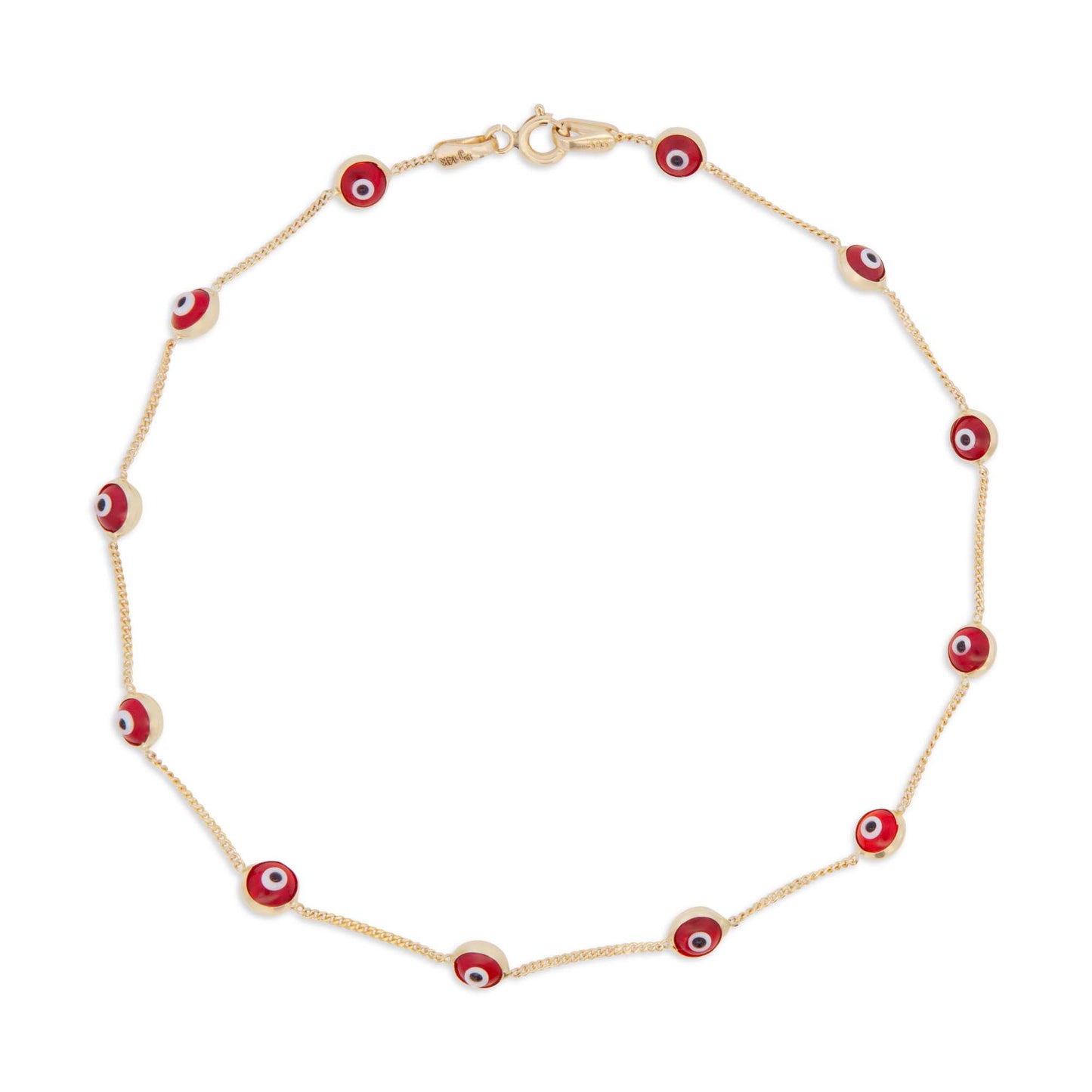 14K Yellow Gold Red Evil Eye Station Anklet