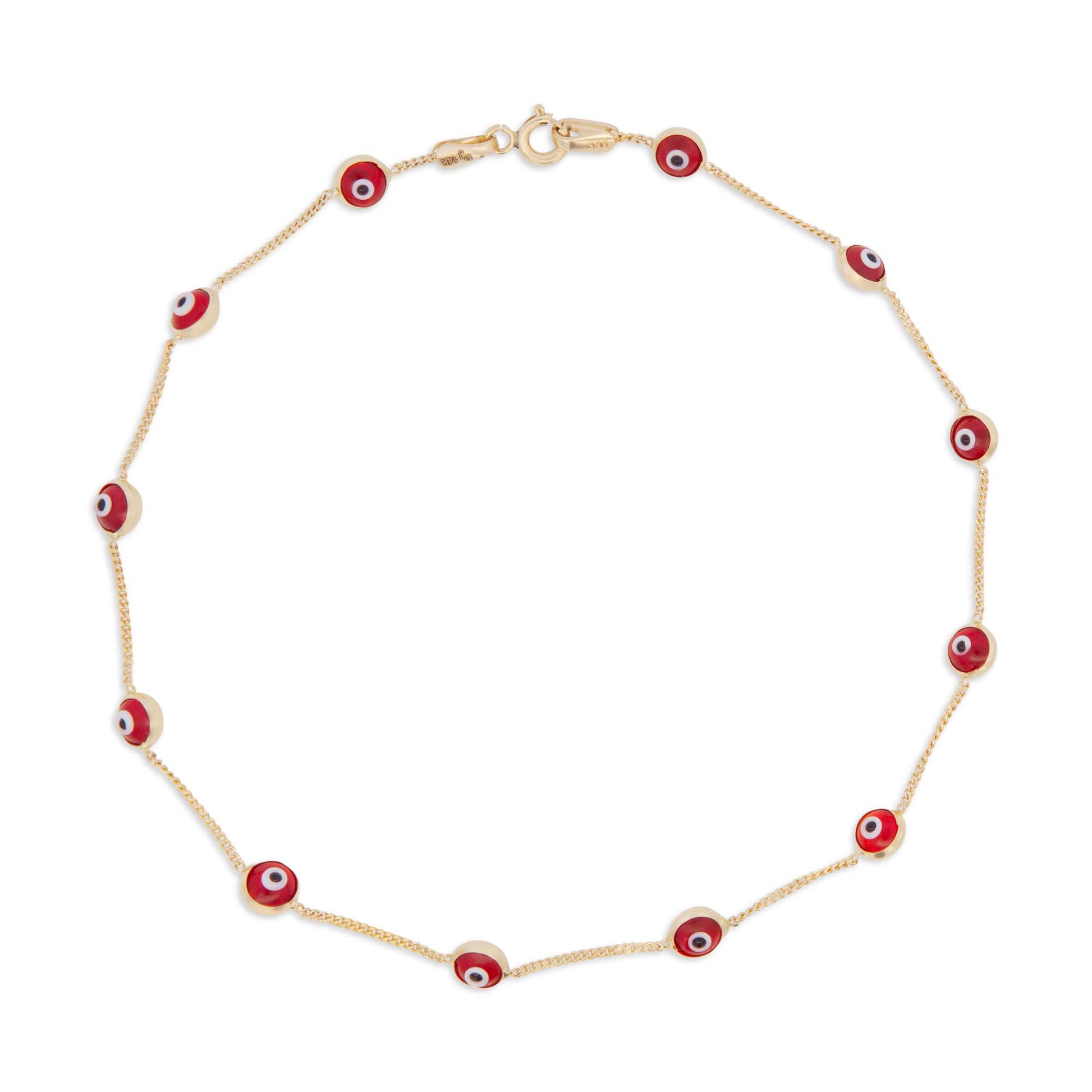 14K Yellow Gold Red Evil Eye Station Anklet