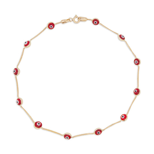 14K Yellow Gold Red Evil Eye Station Anklet