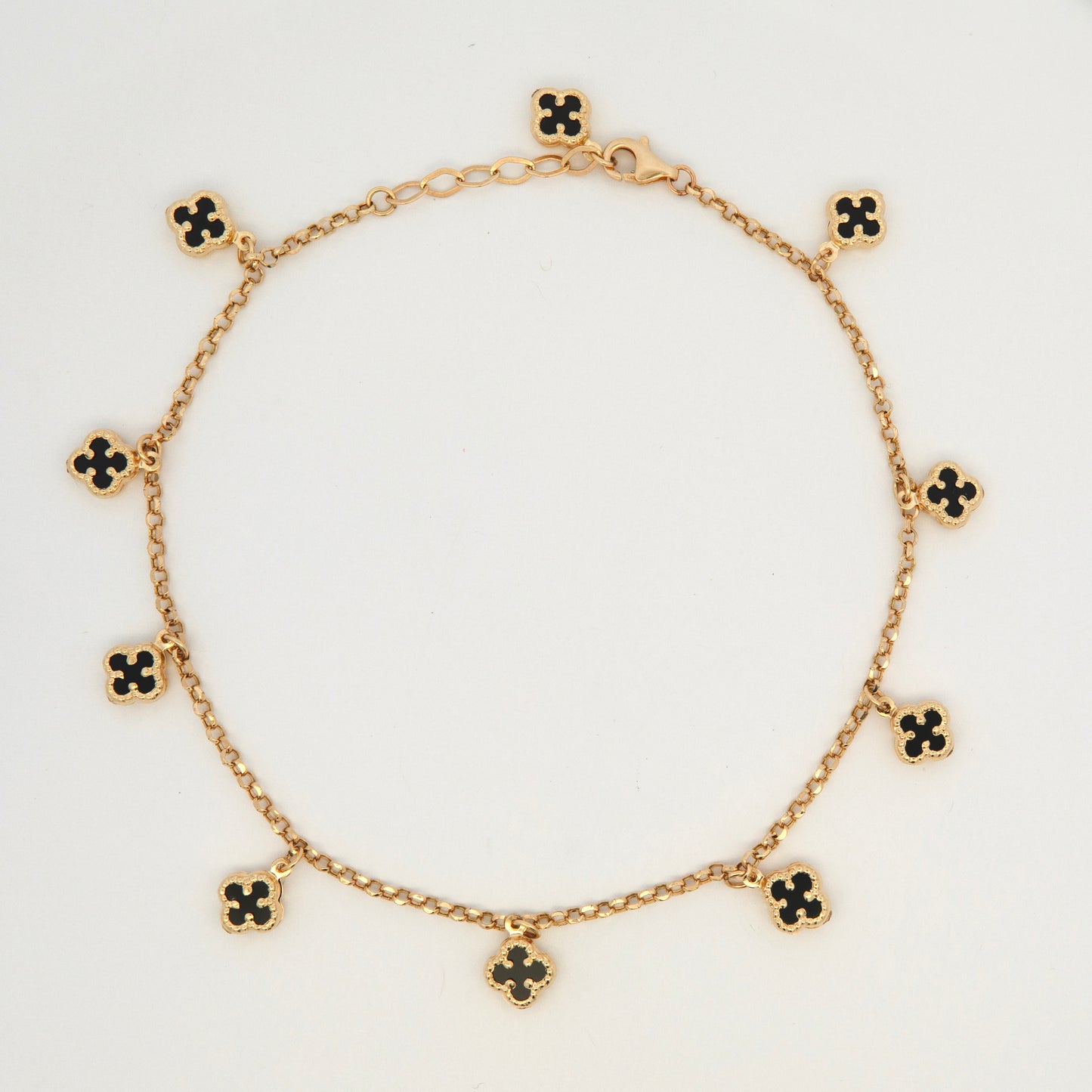 14K Yellow Gold Dangle Black Clovers Anklet