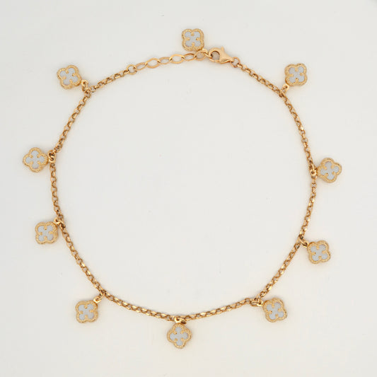 14K Yellow Gold Dangle White Clovers Anklet