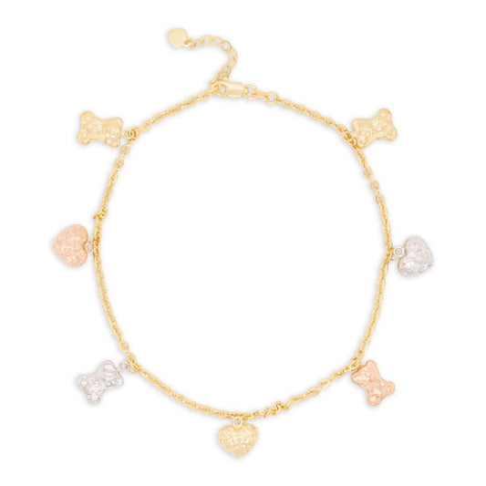 14K Tri-Color Gold Dangling Teddy Bear Heart Charm Anklet