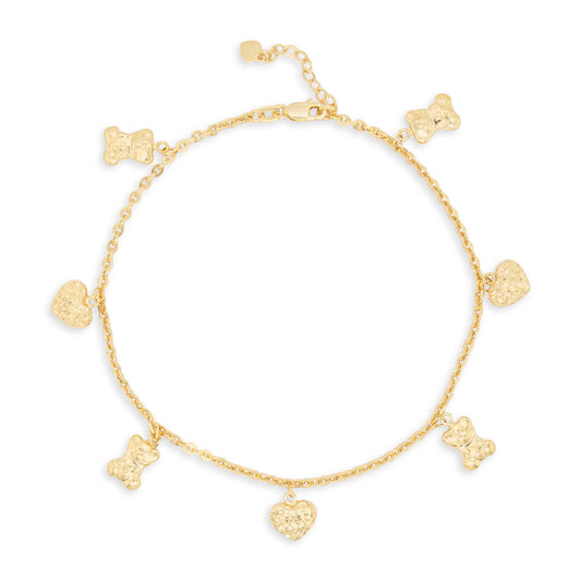 14K Yellow Gold Dangling Teddy Bear Heart Charm Anklet