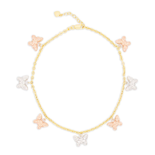14K Tri-Color Gold Dangling Butterfly Charm Anklet