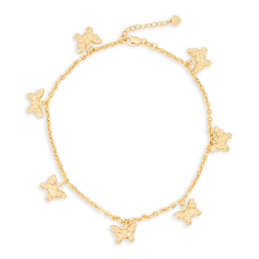14K Yellow Gold Dangling Butterfly Charm Anklet