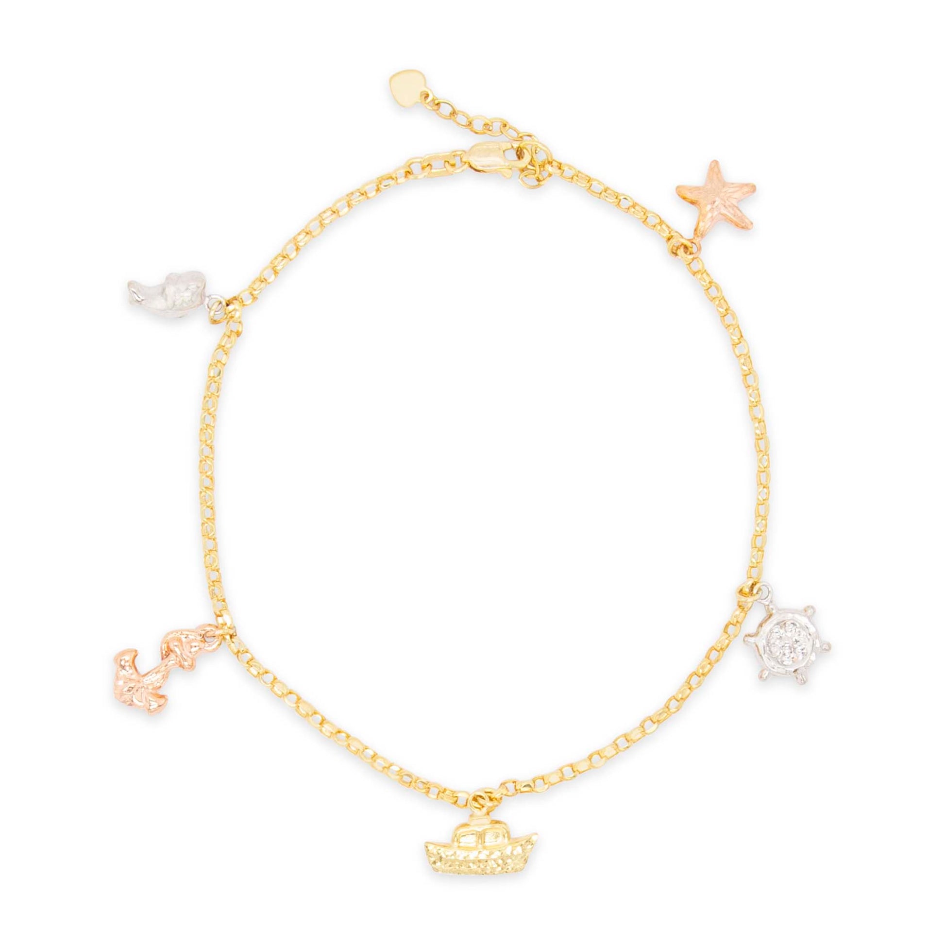 14K Tri-Color Gold Dangling Sea Charm Anklet