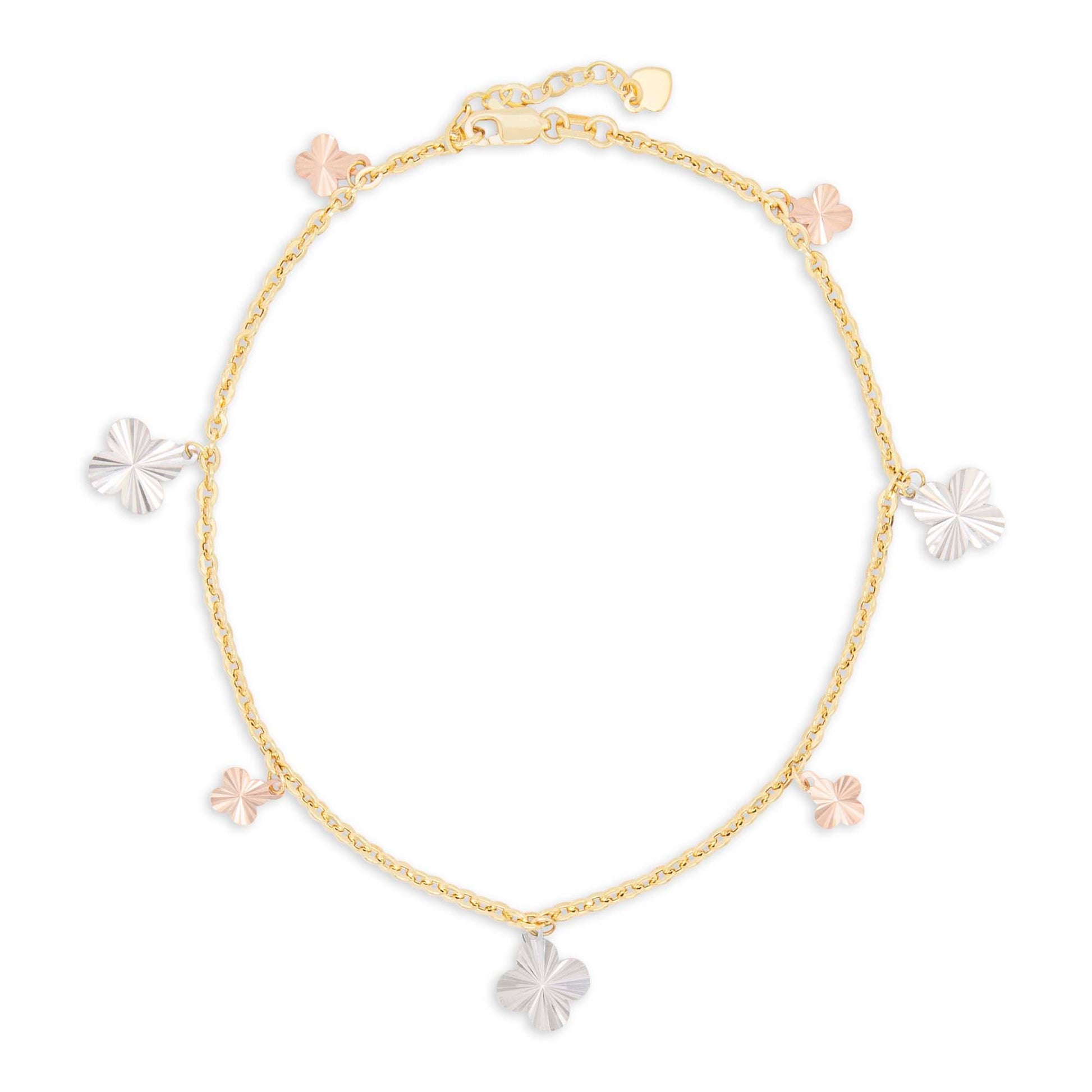 14K Tri-Color Gold Dangling Diamond Cut Clover Charm Anklet