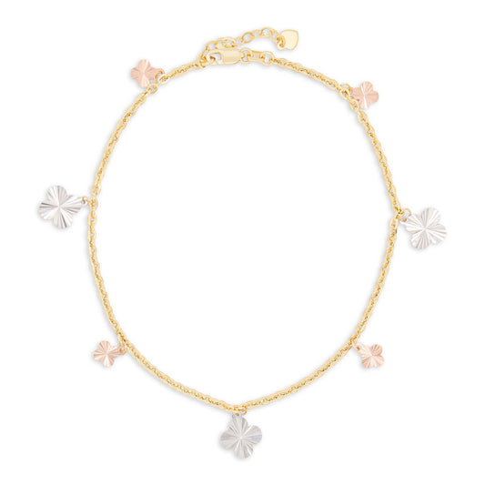 14K Tri-Color Gold Dangling Diamond Cut Clover Charm Anklet