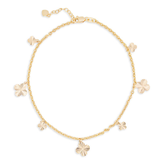 14K Yellow Gold Dangling Diamond Cut Clover Charm Anklet