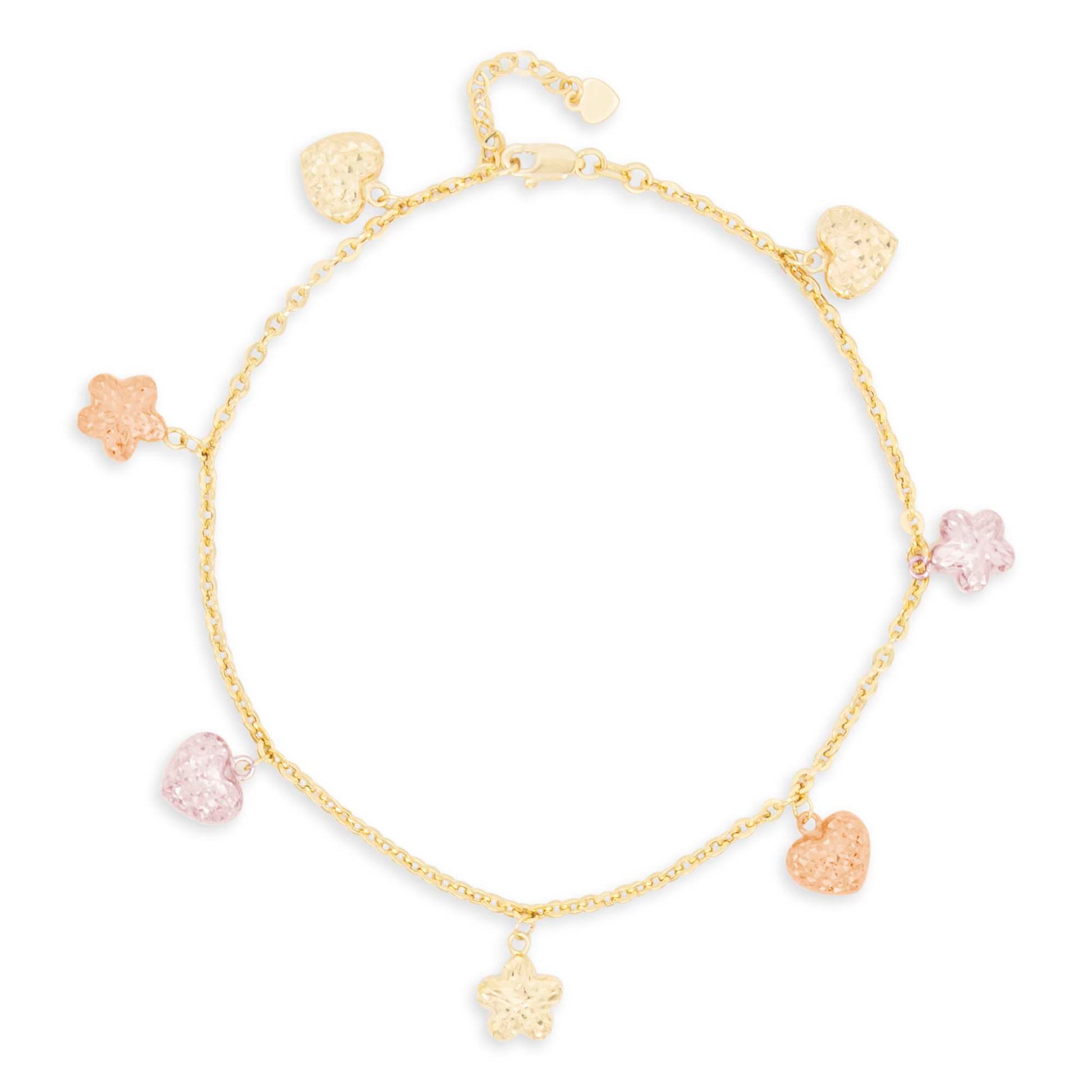14K Tri-Color Gold Dangling Heart and Flower Charm Anklet