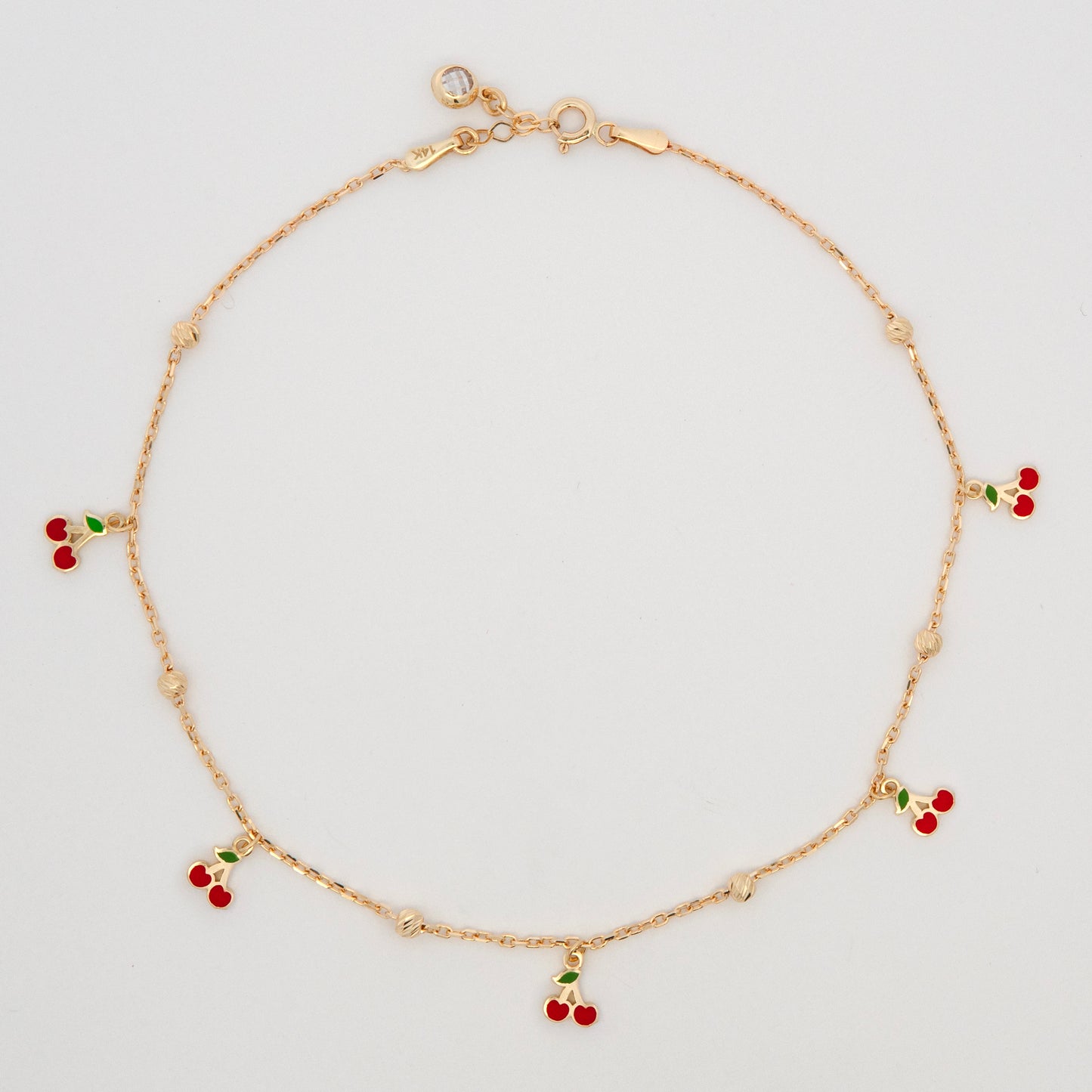 14K Yellow Gold Dangle Cherries Anklet