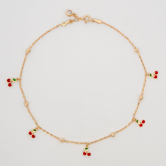 14K Yellow Gold Dangle Cherries Anklet