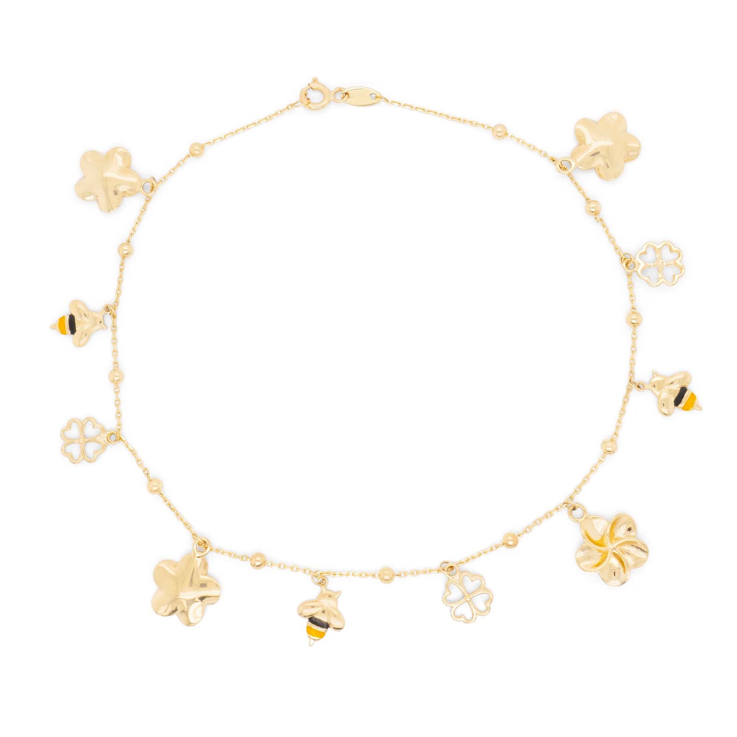 14K Yellow Gold Dangling Clover, Bee & Flower Charm Anklet