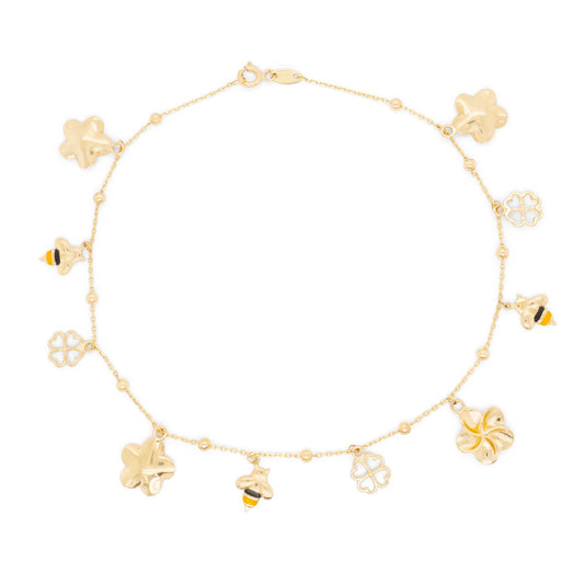 14K Yellow Gold Dangling Clover, Bee & Flower Charm Anklet