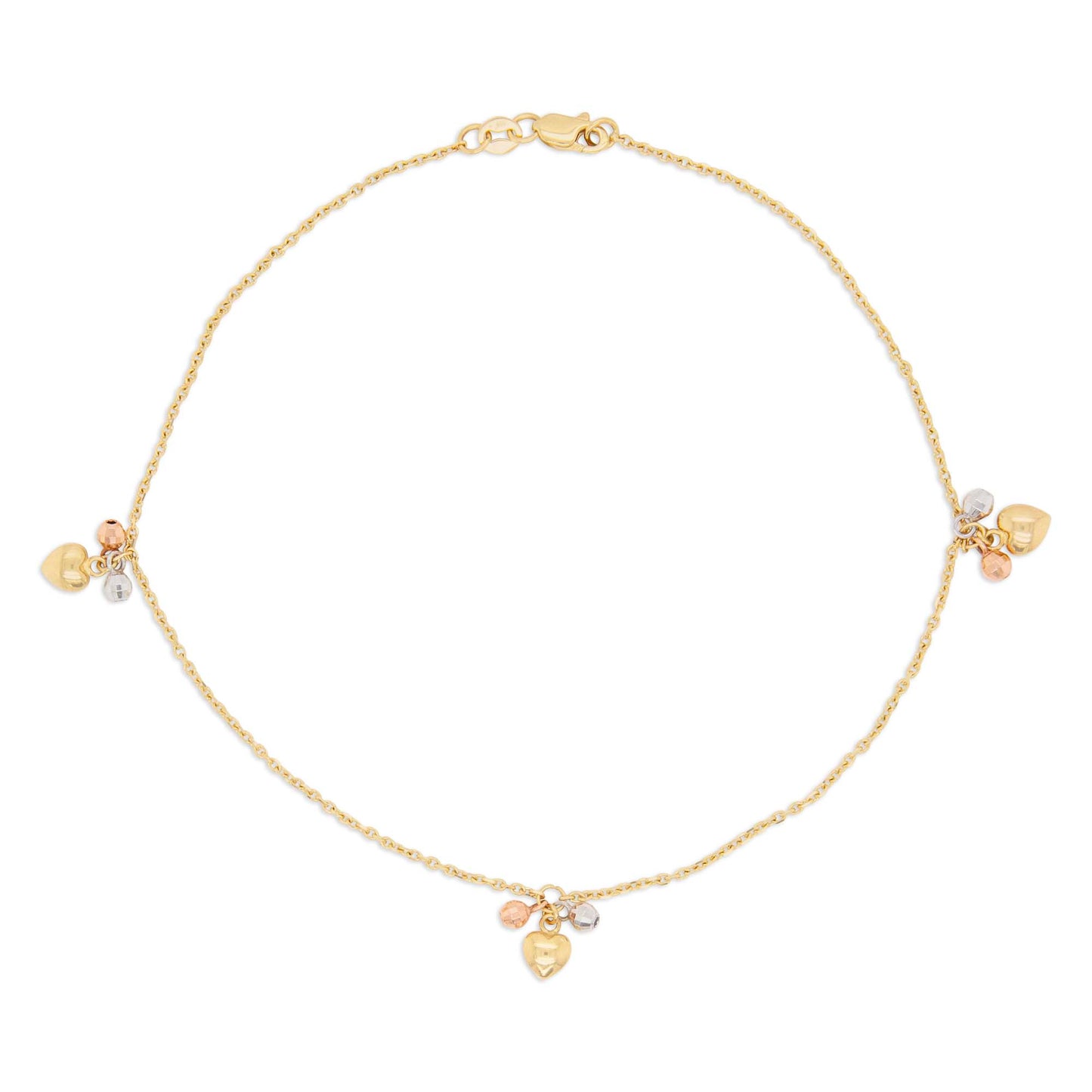 14K Tri-Color Dangling Heart & Bead Cluster Charm Anklet