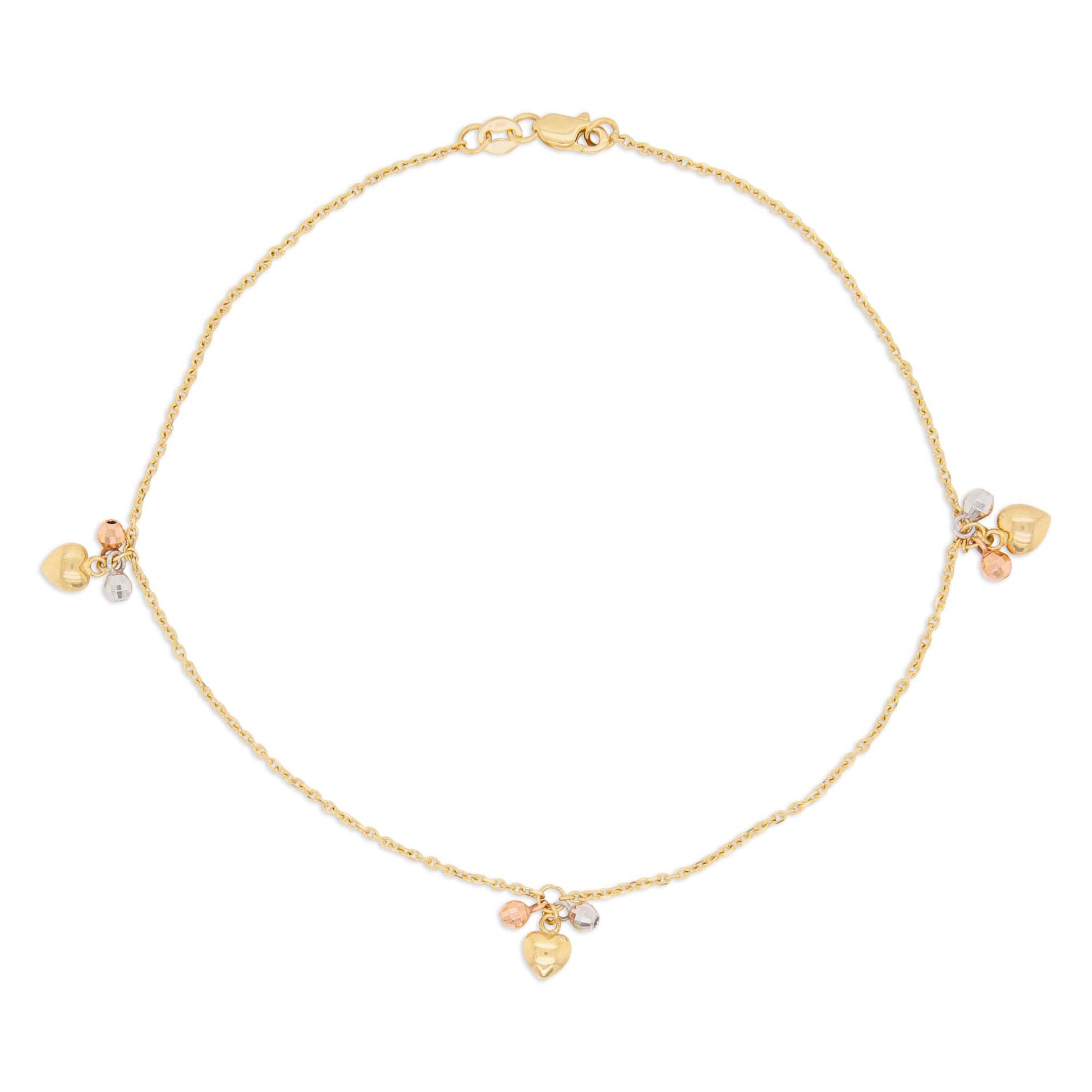 14K Tri-Color Dangling Heart & Bead Cluster Charm Anklet