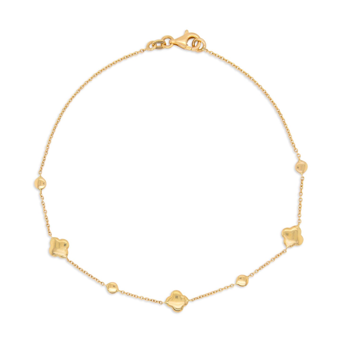 14K Yellow Gold Clover & Bead Station Anklet