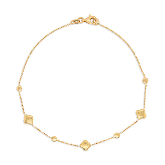 14K Yellow Gold Clover & Bead Station Anklet