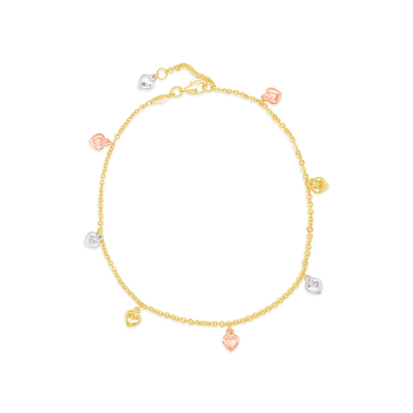 14K Tri-Color Gold Dangling Heart Charm Anklet
